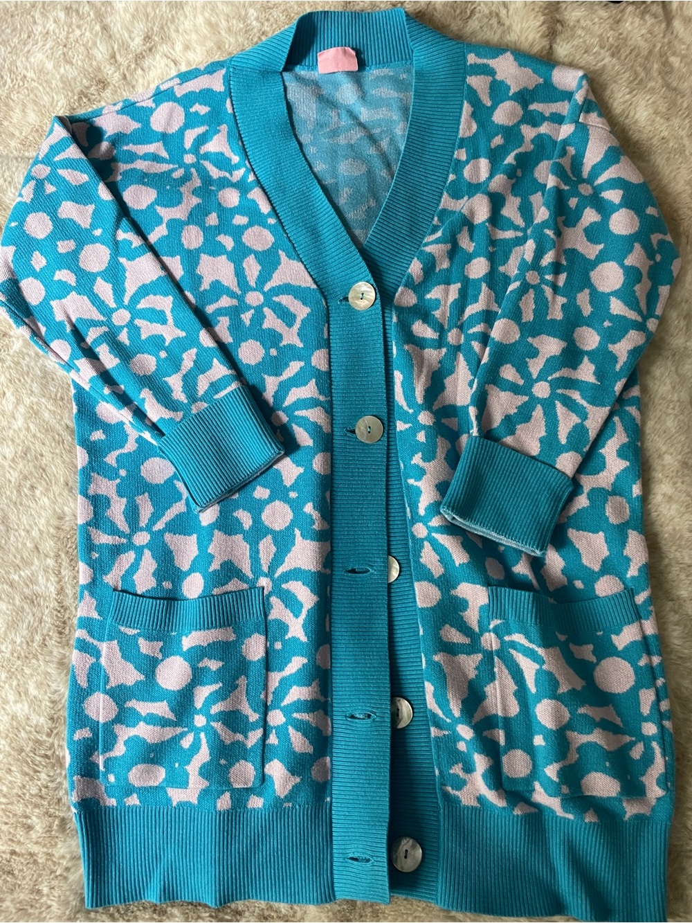 Ban.do Turquoise and Light Pink Patterned V-Neck Long Cardigan Sweater